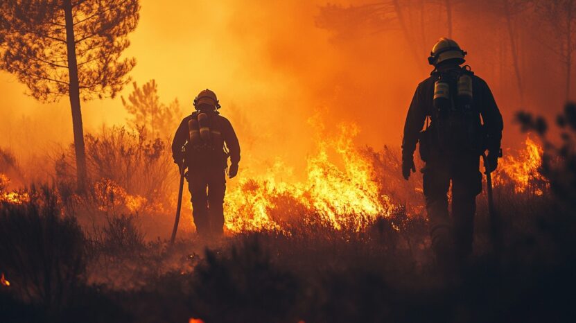 Two firefighters in protective gear walk through a burning forest, surrounded by intense flames and heavy smoke as they work to control a wildfire in the wilderness