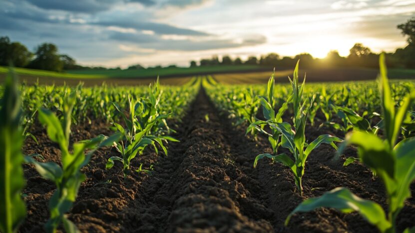 young crops growing in a neatly cultivated field. The green plants are emerging from dark, rich soil, with rows extending into the distance, creating a sense of depth. The scene is set during either sunrise or sunset, with warm sunlight casting a soft glow across the field and the sky, partially covered by clouds